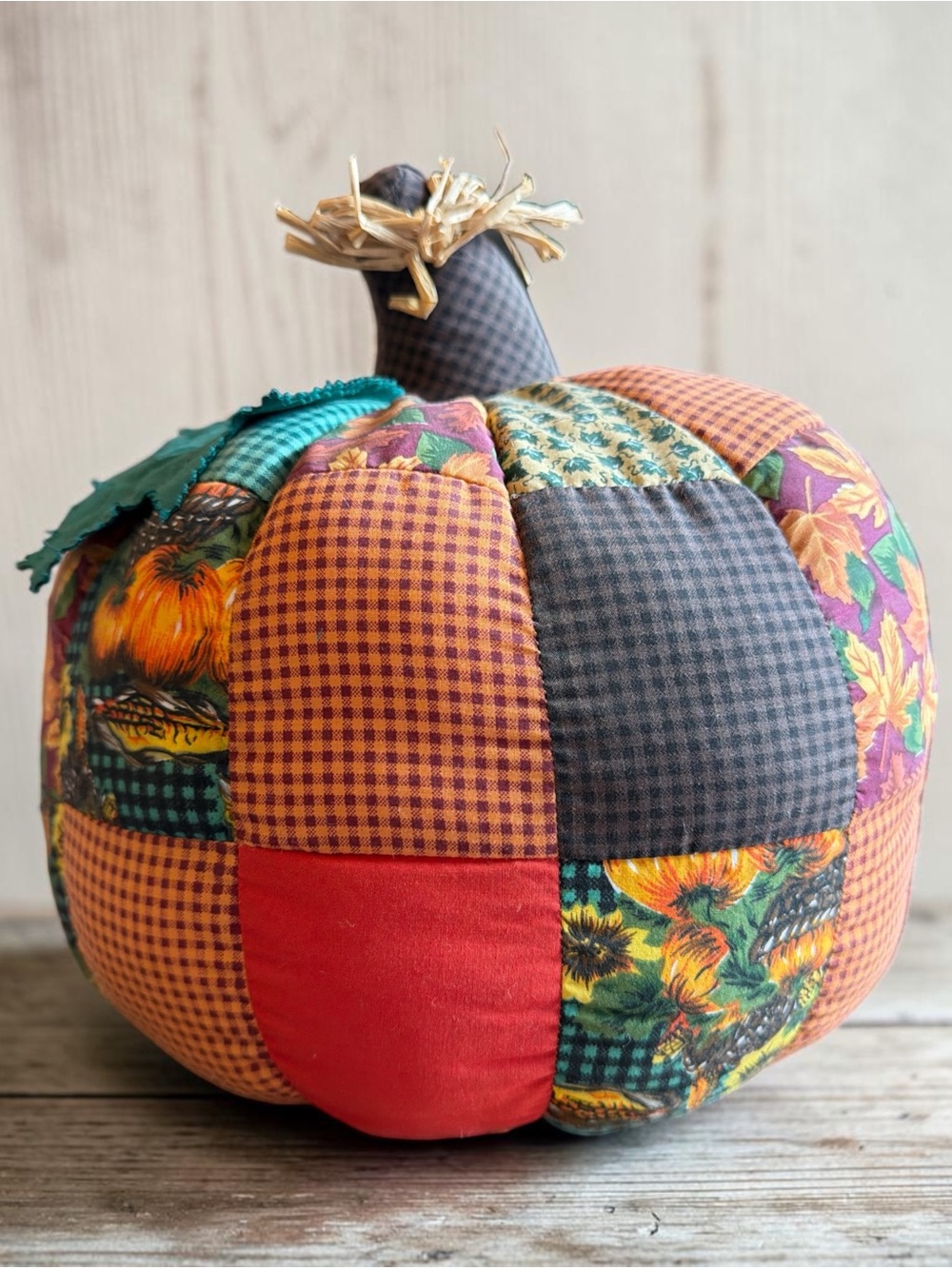 VTG MTY International Fabric Pumpkin Plush, Fall Thanksgiving Patchwork Decor